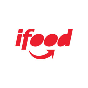 logotipo da empresa Ifood. Em vermelho, está escrito Ifood, abaixo das letras ''o'', há uma seta simulando um sorriso. Fim da descrição.