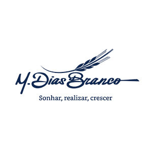 logotipo da empresa M. Dias Branco. Em azul, está escrito M. Dias Branco, com um ramo de trigo na parte superior, logo abaixo, está escrito: sinhar, realizar, crescer. Fim da descrição.