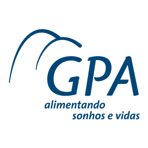 logotipo da empresa GPA. Do lado esquerdo há o símbolo de duas montanhas, ao lado, está escrito GPA, alimentando sonhos e vidas, em azul. Fim da descrição.