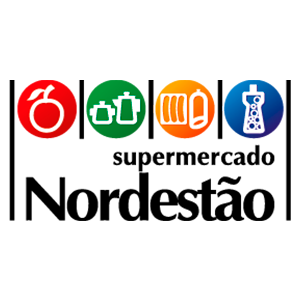 logotipo da empresa Supermercado Nordestão. Em preto está escrito Supermercado Nordetão, acima, estão quatro ícones da marca: círculo vermelho com uma maçã, círculo verde com um bule de café, um círculo laranja com linguiças e um círculo azul, com a embalagem de produto de limpeza. Fim da descrição.