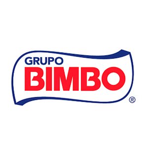 logotipo da empresa Bimbo. Uma flâmula branca, com contorno azul e dentro escrito Grupo Bimbo em vermelho. Fim da descrição.