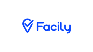 logotipo da empresa Facily. No lado esquerdo há o ícone de um pin de localização, com um check dentro. No lado direito, está escrito Facily, em azul. Fim da descrição.