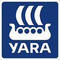logotipo da empresa Yara. Na parte de cima há um quadrado azul e dentro dele está o símbolo da marca, e abaixo escrito Yara. Do lado de fora do quadrado, está escrito: knowledge grows. Fim da descrição.
