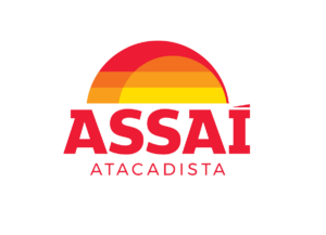logotipo da empresa Assaí. Há um semi círculo nas cores vermelho e amarelo, abaixo está escrito em vermelho: Assaí Atacadista. Fim da descrição.